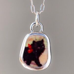 Cat Pottery Sterling Silver Pendant With Chain